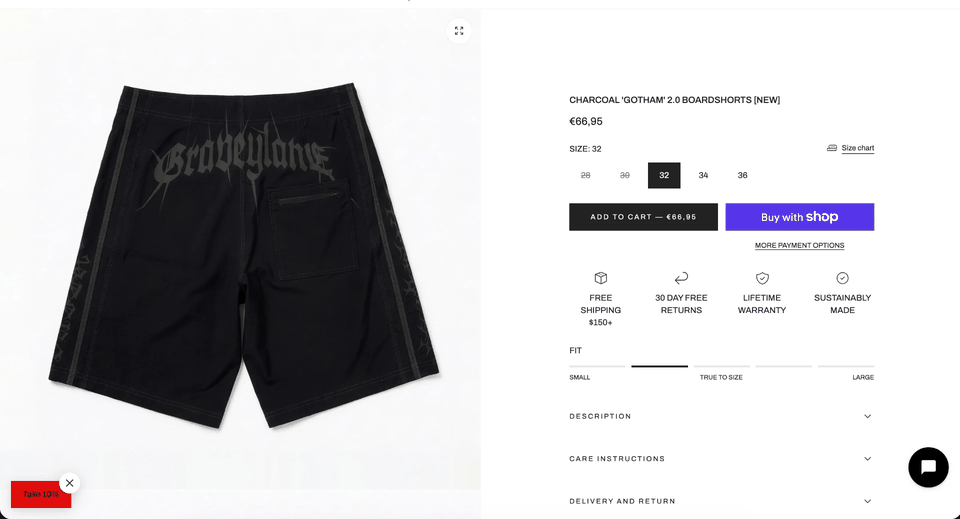 Graveylane boardshorts product page after the redesign